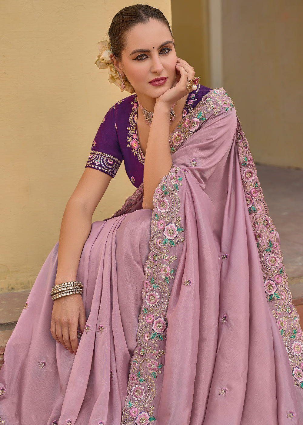 Pink Purple Tissue Organza Silk with Embroidery Cut Work Border, Stone & Sequence work