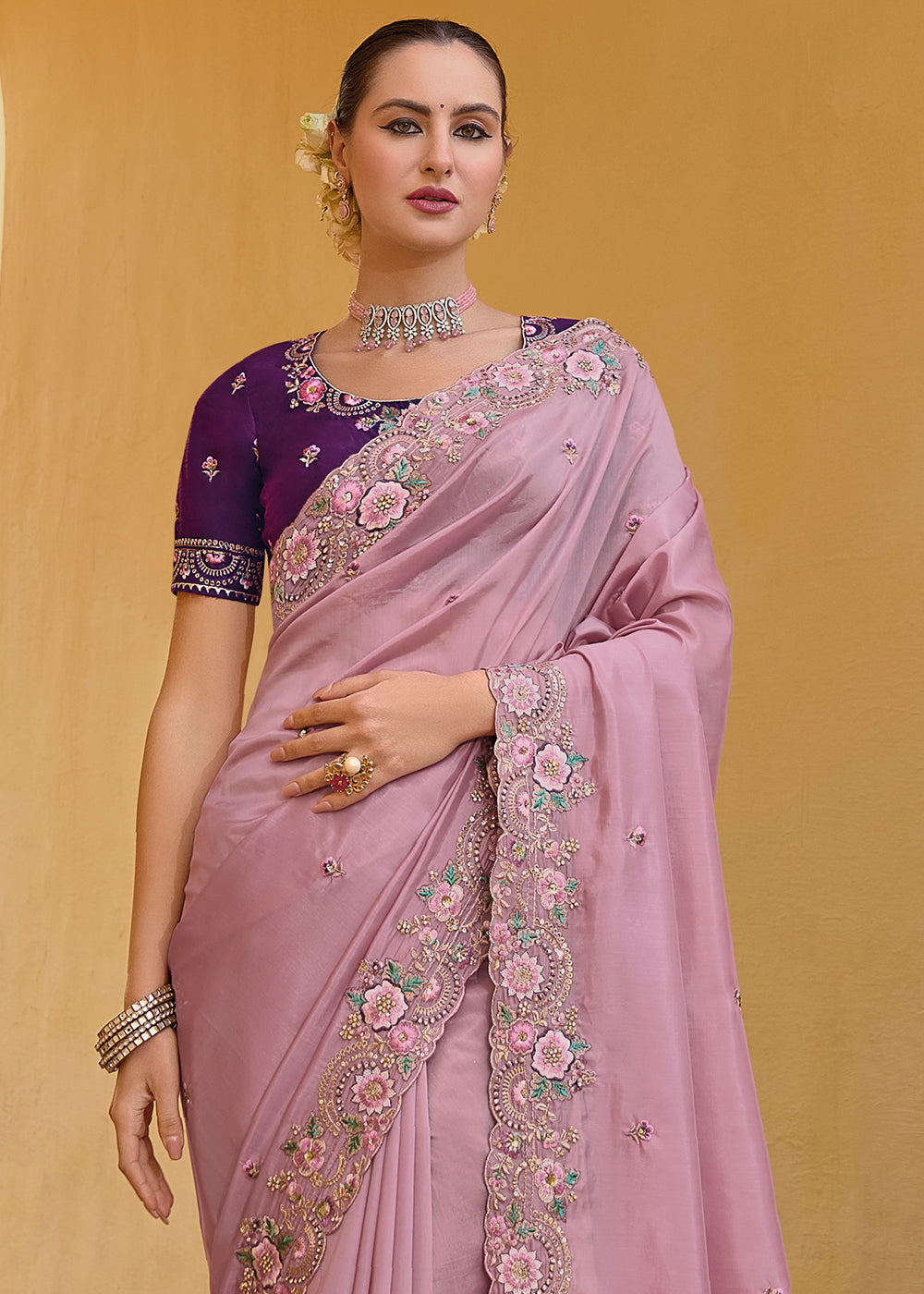 Pink Purple Tissue Organza Silk with Embroidery Cut Work Border, Stone & Sequence work