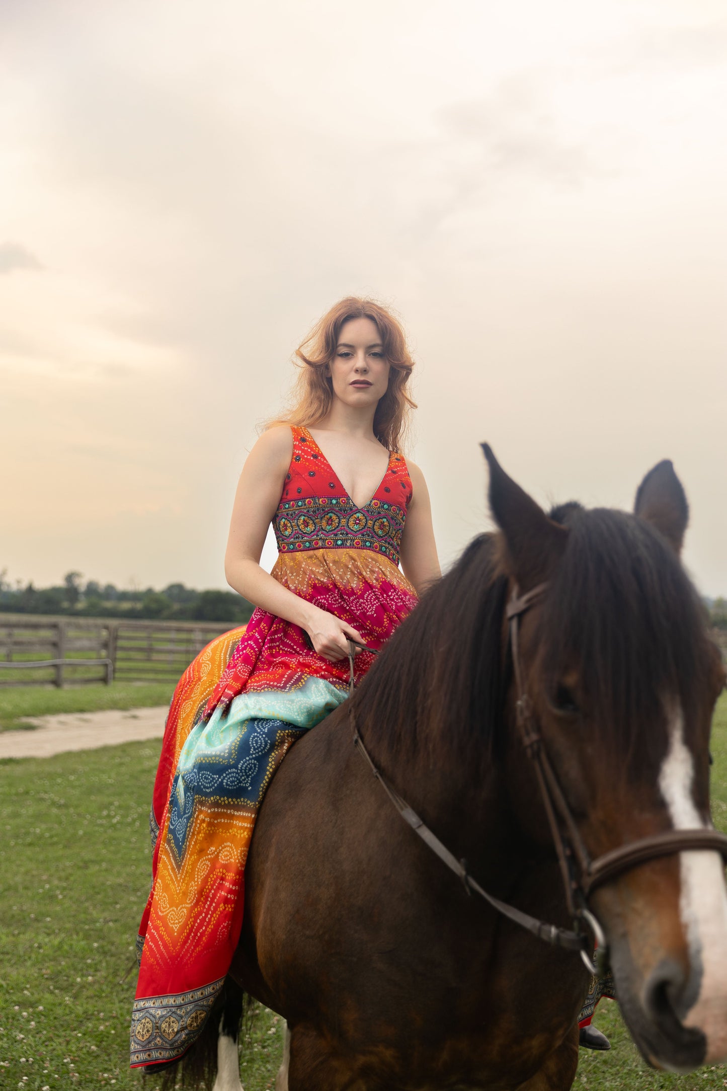 Leandra Long Dress with Bandhani Print