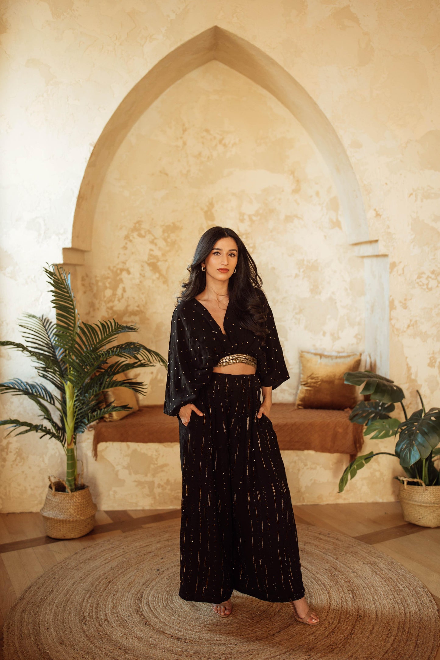 Priscilla Black and Gold Palazzo Suit with Gold Trim Embroidery