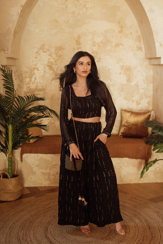 Martika Black and Gold Palazzo Suit Long Sleeve