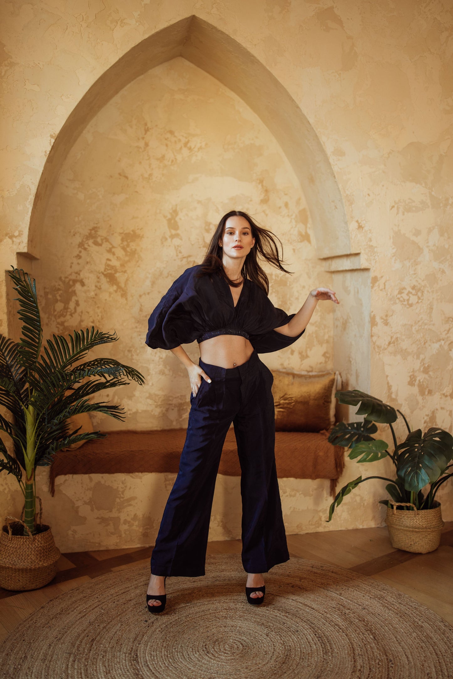 BLR1022 Mikaela Navy Dolman Sleeve Top