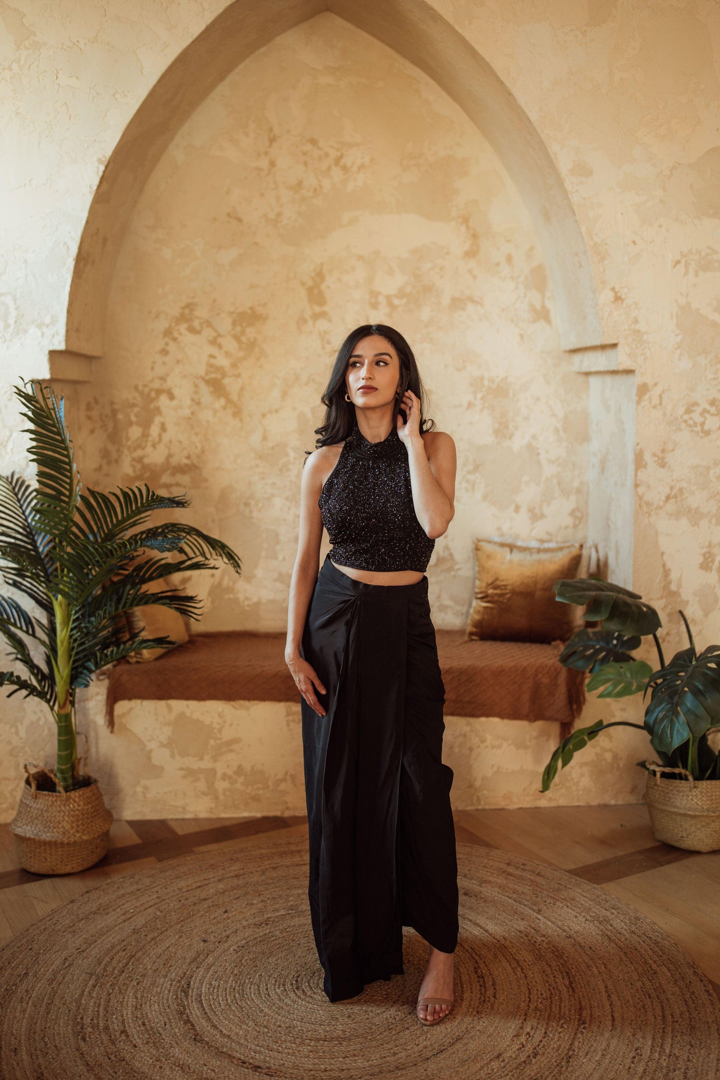 Giada Black Drape Skirt With Heavy Embroidery Blouse