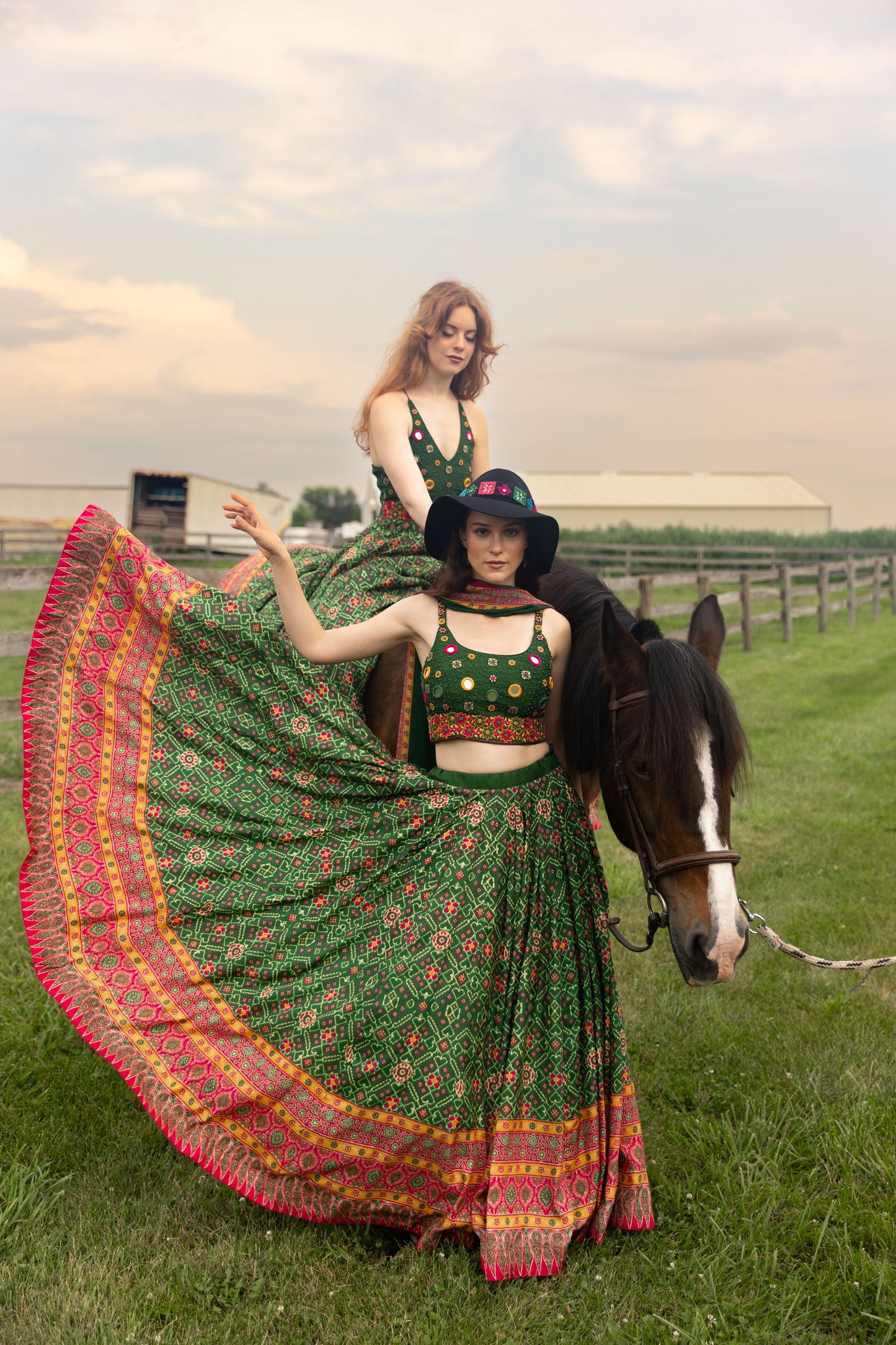 Eliz Green Patola Print Chaniya Choli with Mirror Work