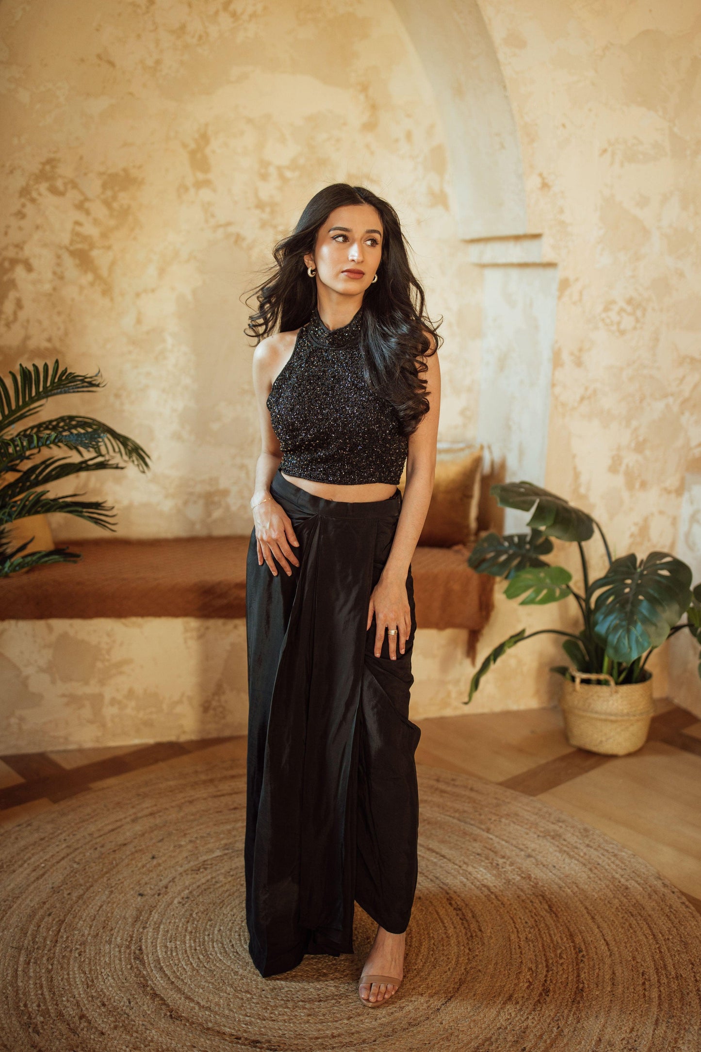 Giada Black Drape Skirt With Heavy Embroidery Blouse