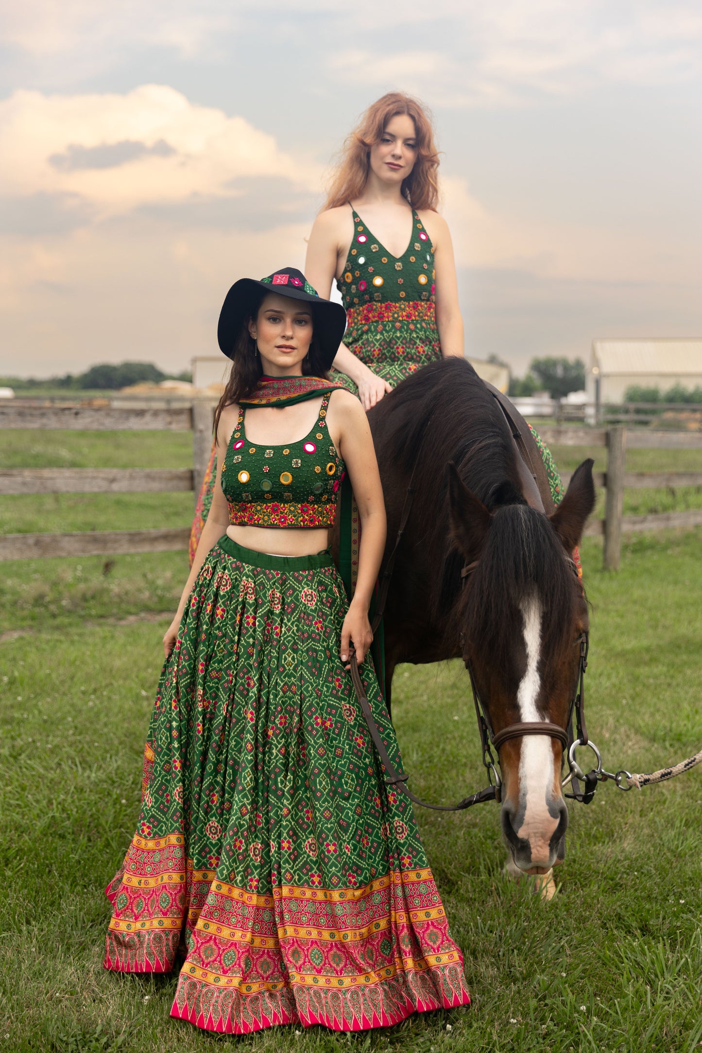 Eliz Green Patola Print Chaniya Choli with Mirror Work