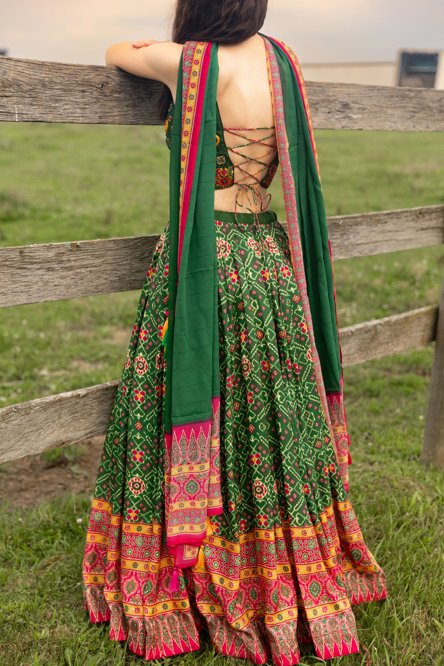 Eliz Green Patola Print Chaniya Choli with Mirror Work
