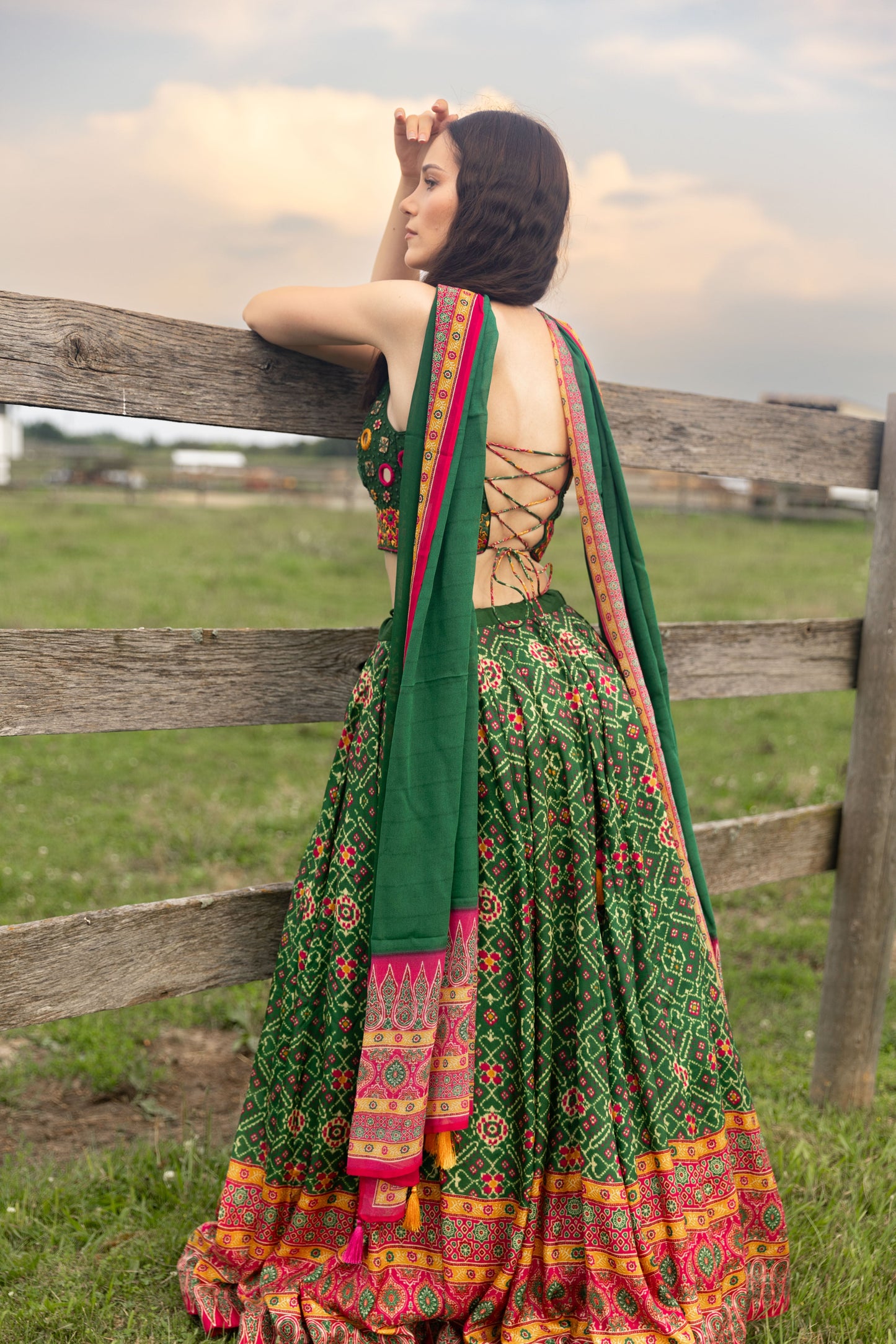 Eliz Green Patola Print Chaniya Choli with Mirror Work