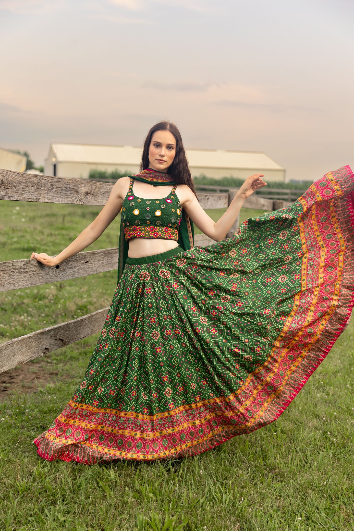 Eliz Green Patola Print Chaniya Choli with Mirror Work