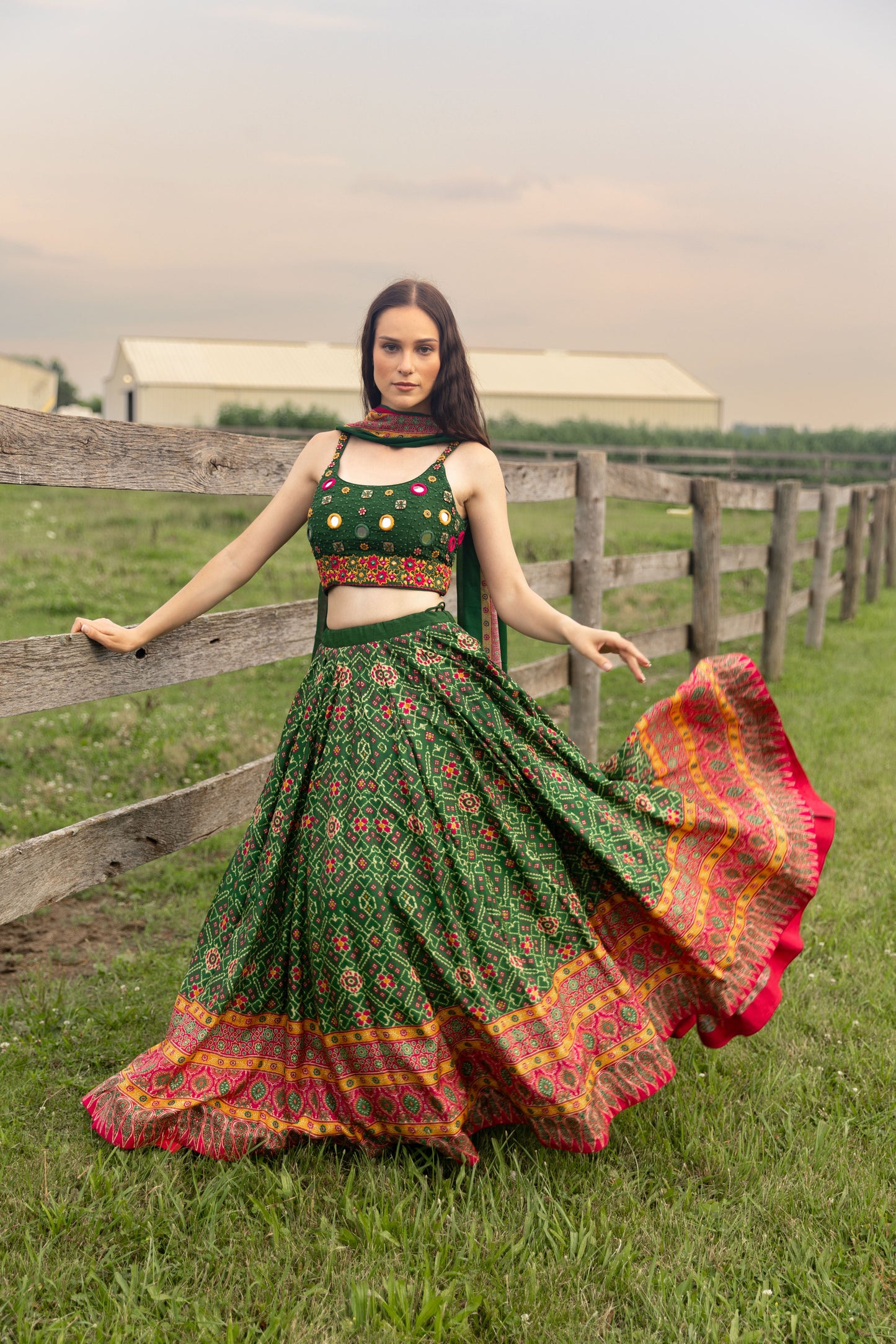 Eliz Green Patola Print Chaniya Choli with Mirror Work