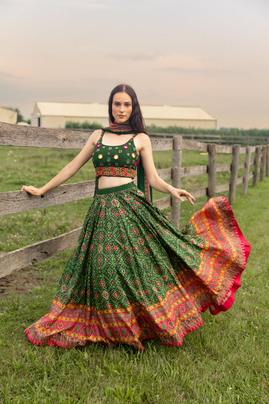 Eliz Green Patola Print Chaniya Choli with Mirror Work