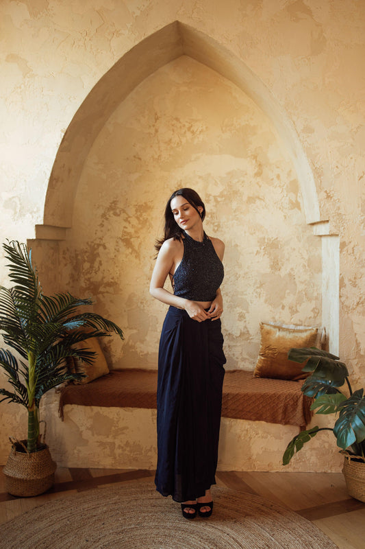 Farah Navy Drape Skirt with Hand Embroidered Blouse