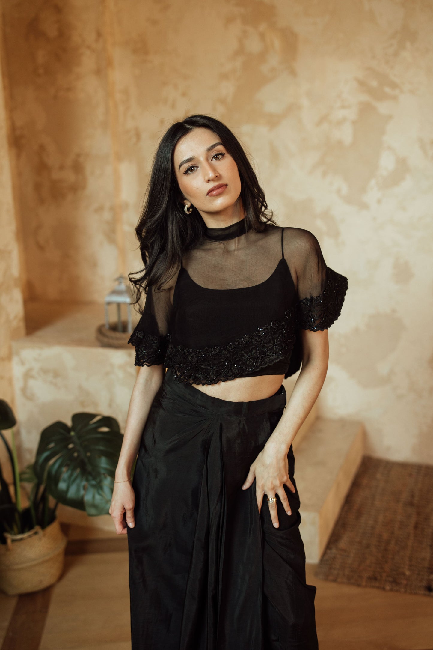 Kai Black Cape and blouse with Embroidery