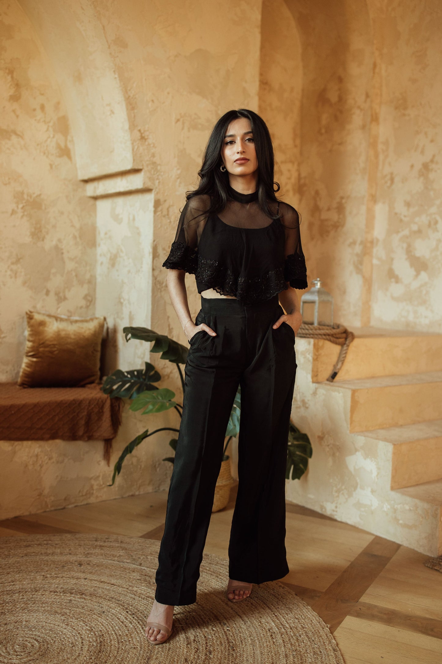 Kai Black Cape and blouse with Embroidery