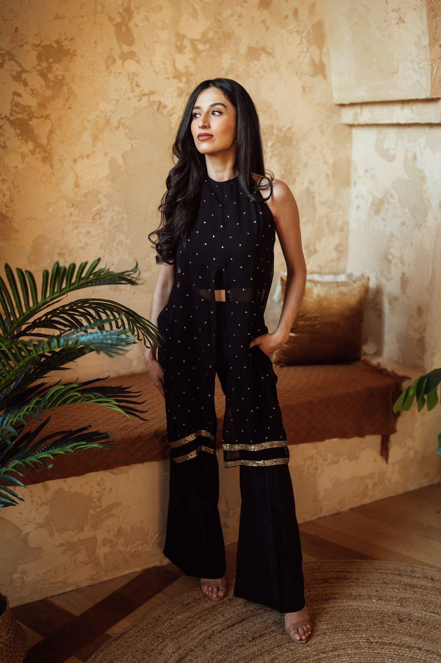Nami Black and Gold Sleeveless Pant Set