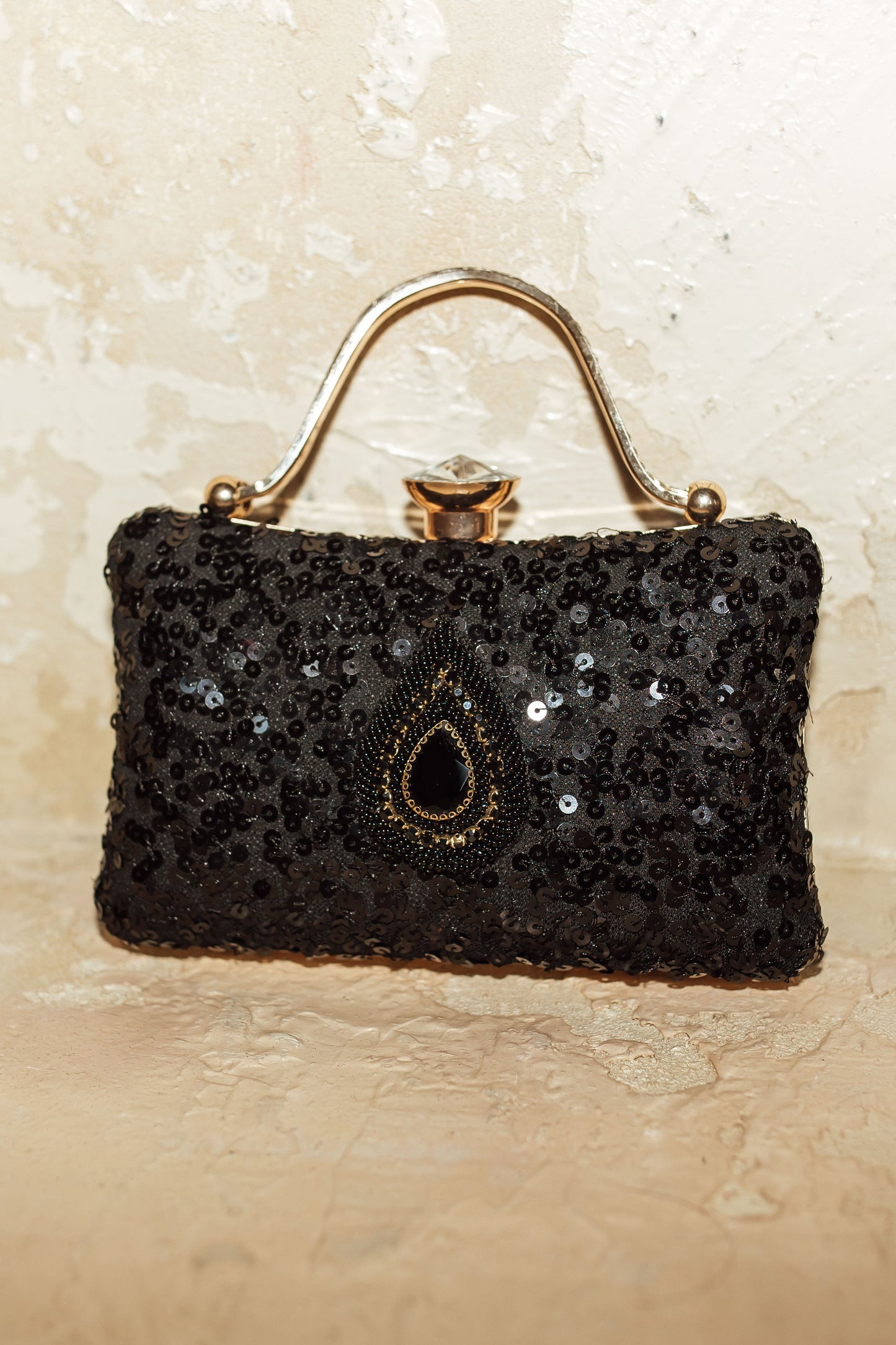 Wren Black Sequin Clutch with Gem