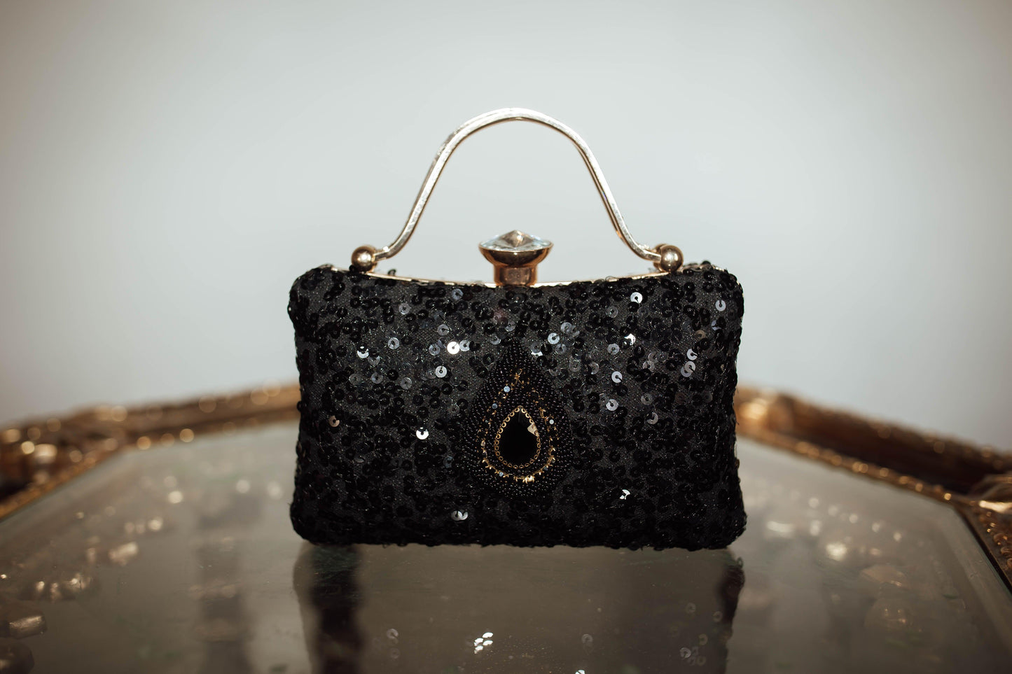 Wren Black Sequin Clutch with Gem