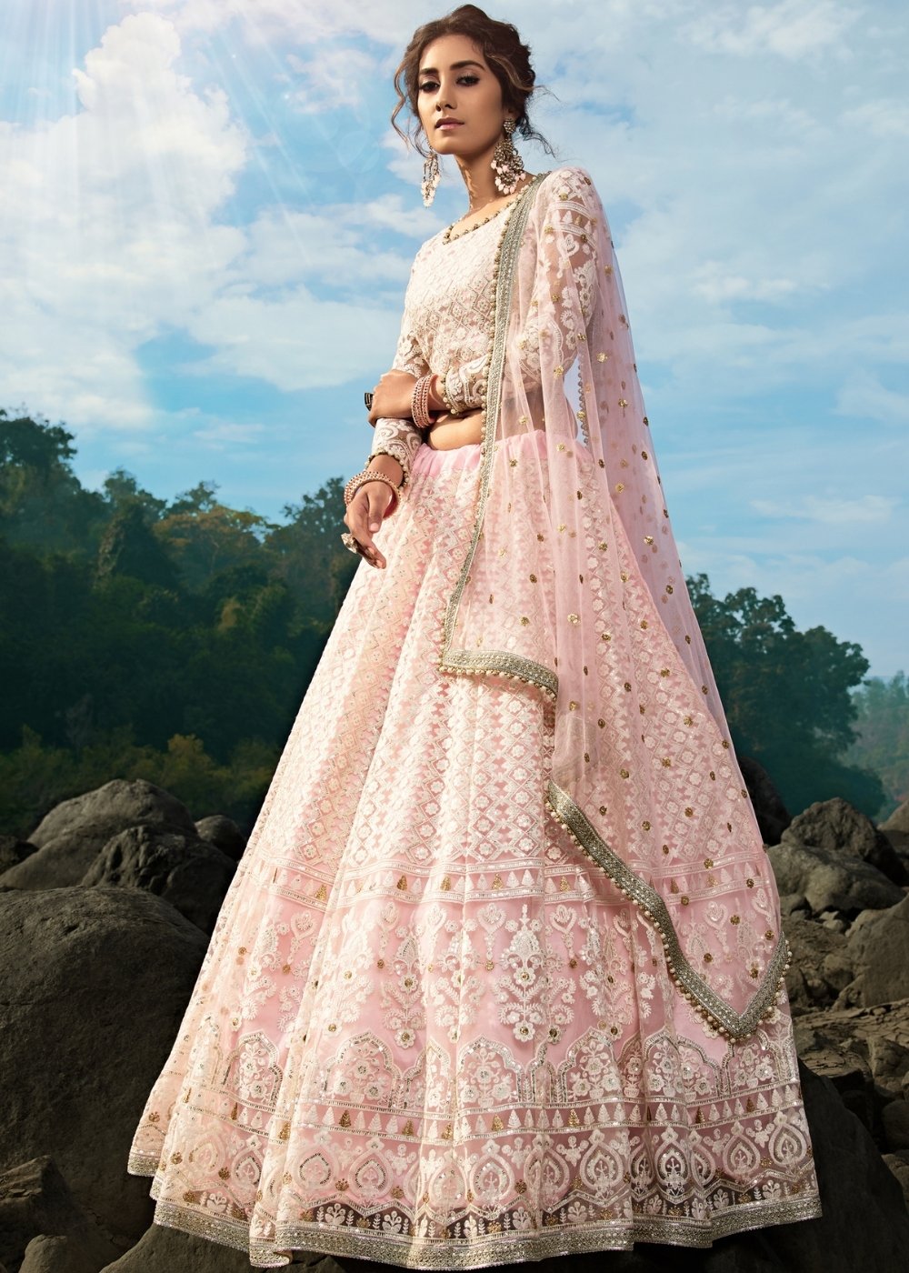 Pale Pink Designer Soft Net Lehenga Choli with Sequins, Thread & Zari work