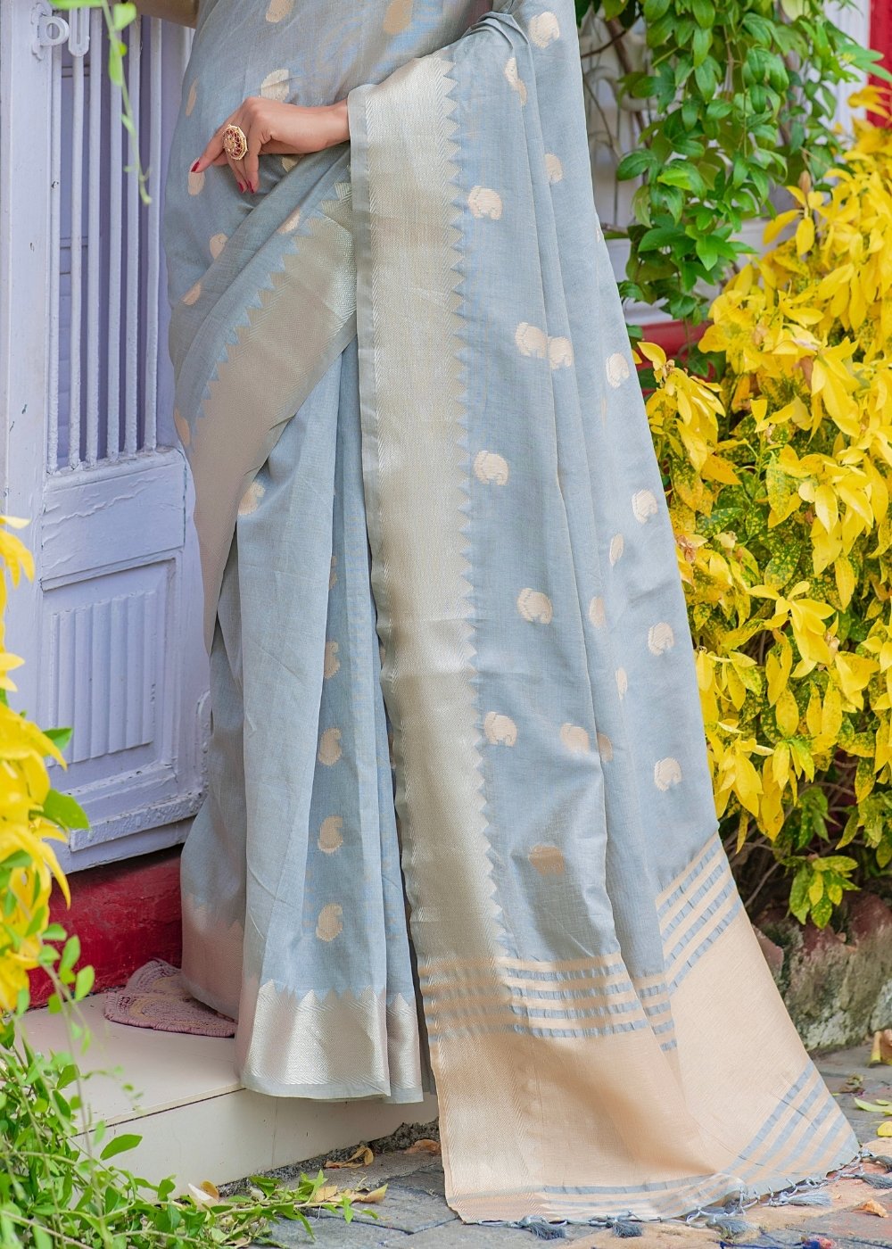 Dolphin Grey Assam Silk Saree with Zari Weaving Butti overall