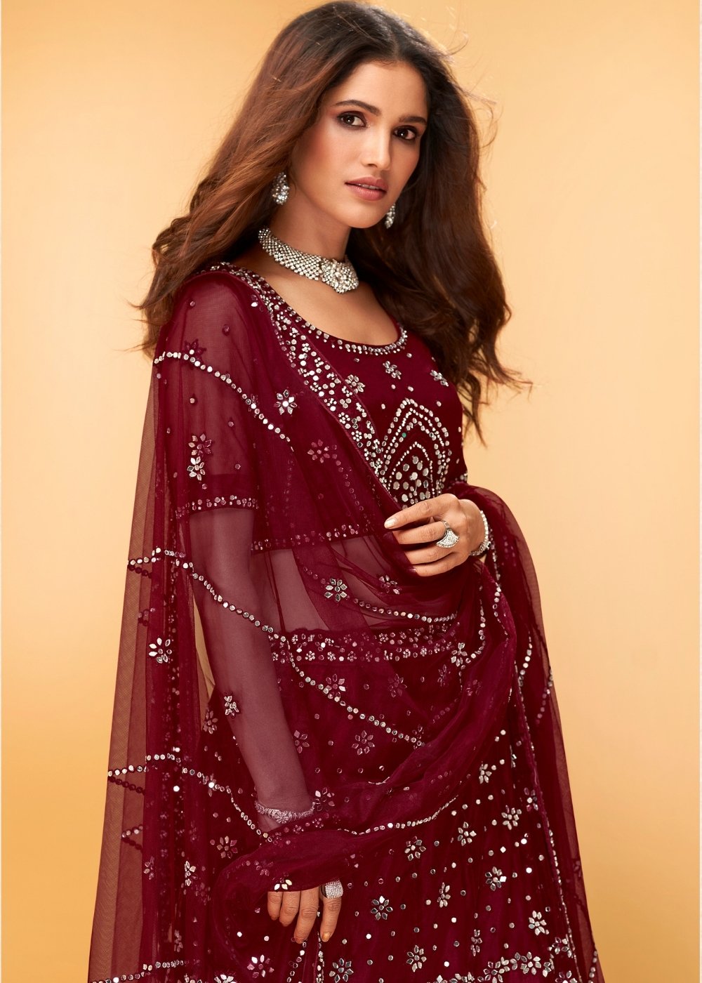 Garnet Red Net Lehenga Choli with Thread Embroidery,Mirror & Zarkan work