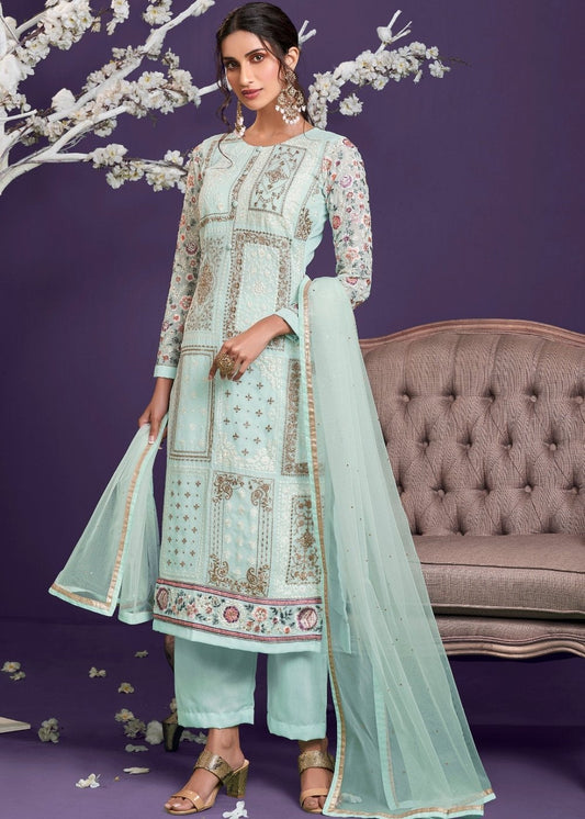 Sky Blue Georgette Salwar Suit with Thread, Zari & Sequence work