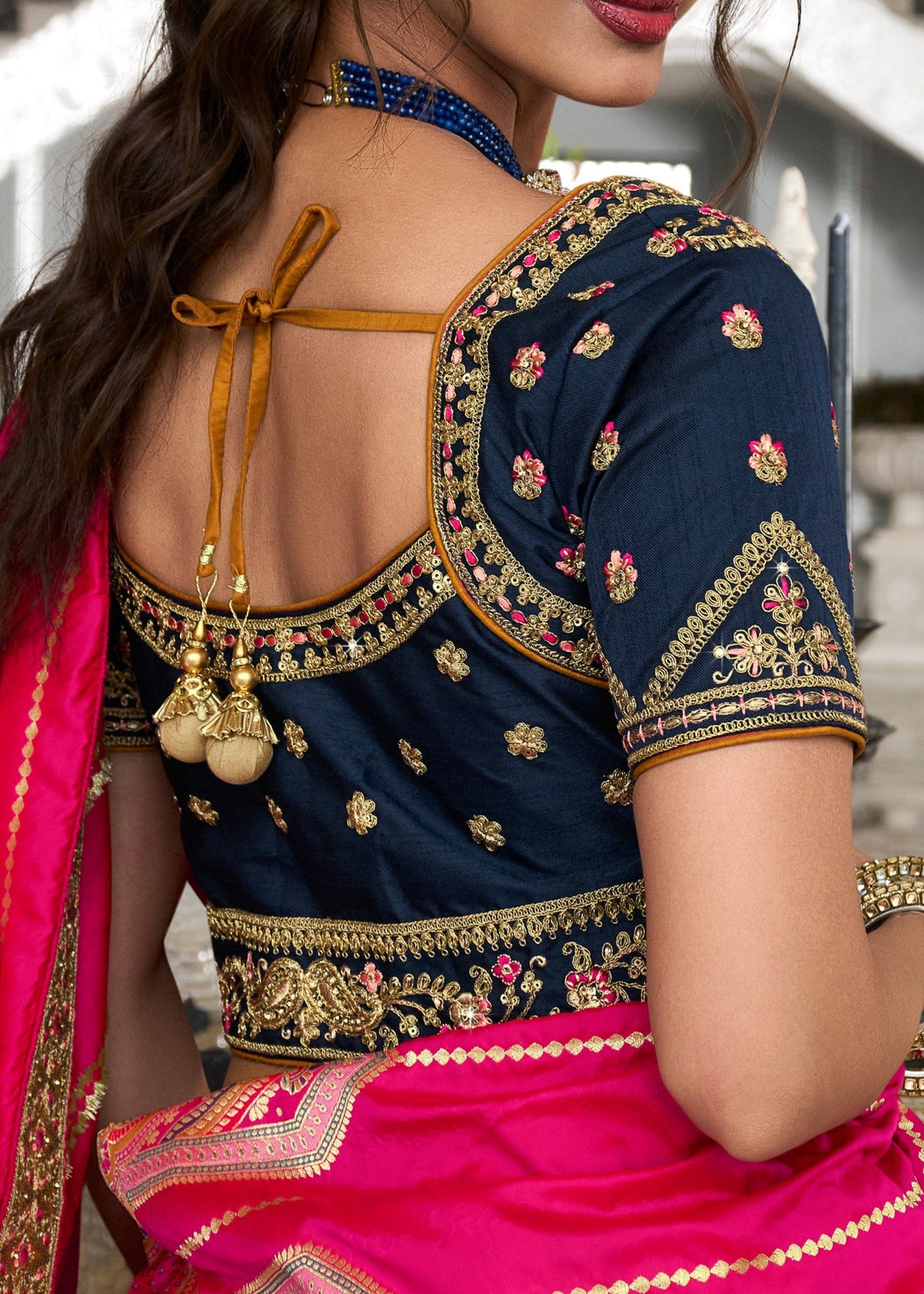 Dark Blue & Bright Pink Banarasi Silk Lehenga with Zarkan Codding work