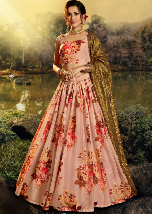 Coral Pink Organza Designer Printed Floral Lehenga Choli with Sequins and Zari work