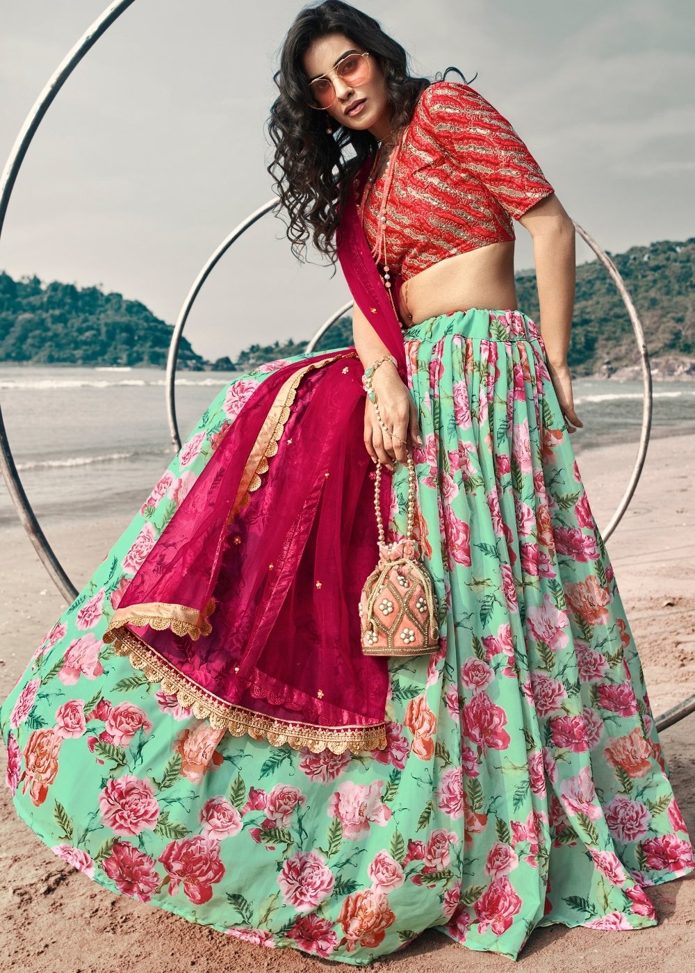 Teal Blue & Green Designer Printed Organza Lehenga with Soft Net Dupatta