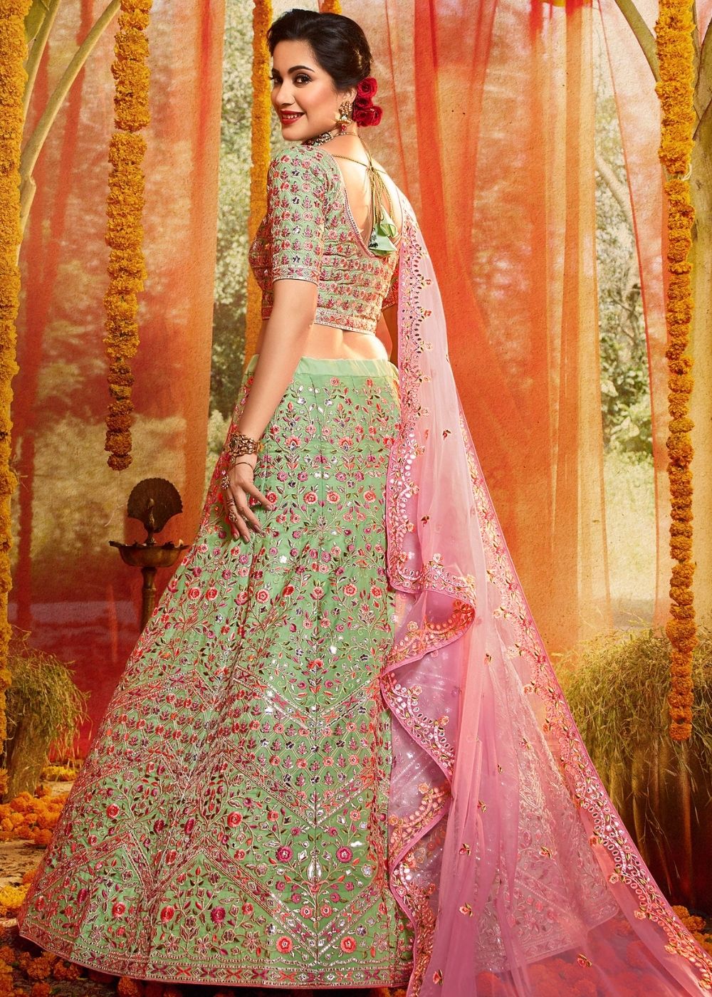 Mint Green Organza Designer Lehenga Choli with Foil, Mirror, Thread and Zari work (Pre-Order)
