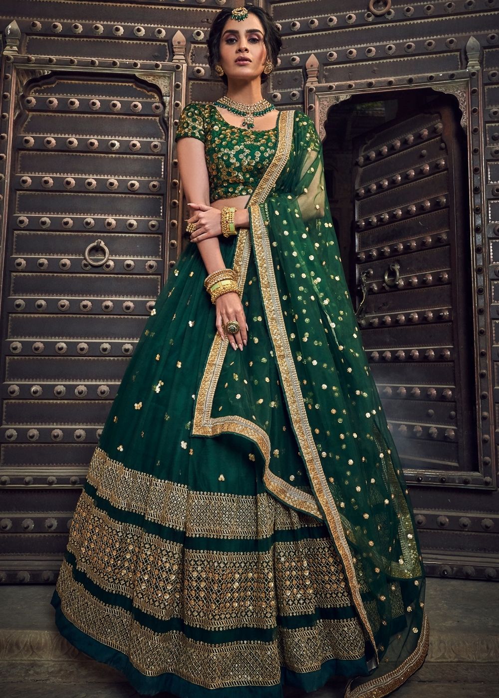 Sacramento Green Soft Net Lehenga Choli with Sequins & Zari work