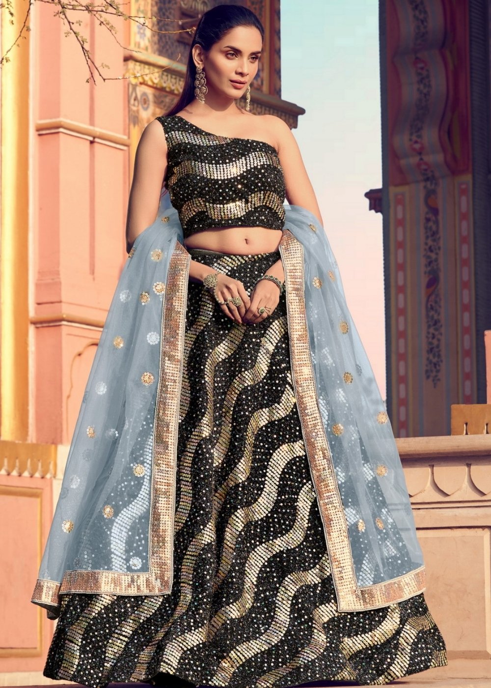 Black & Grey Designer Lehenga Choli with Sequins work