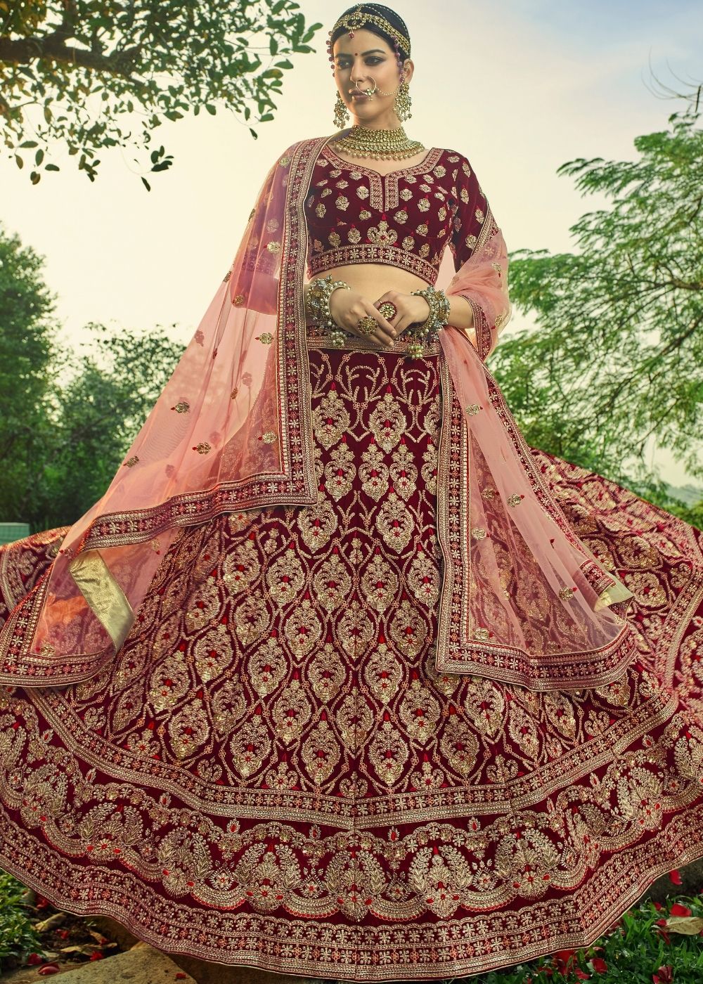 Mahogany Red Bridal Velvet Lehenga Choli with Embroidery & Hand work
