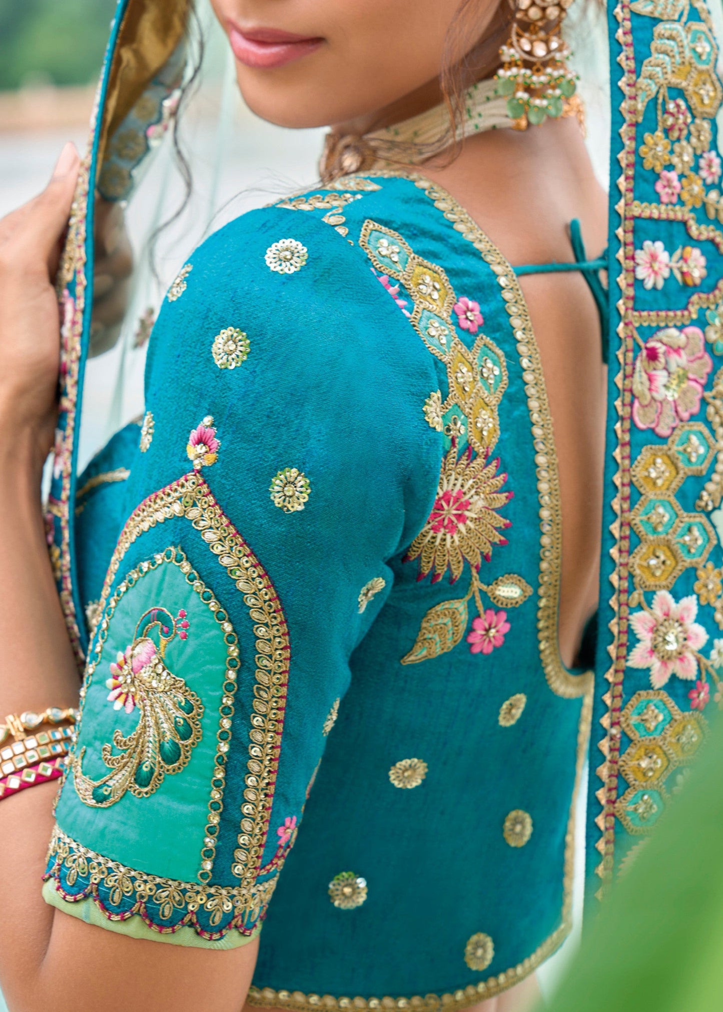 Cerulean Blue and Green Viscose Tissue Lehenga Choli with Embroidery Work