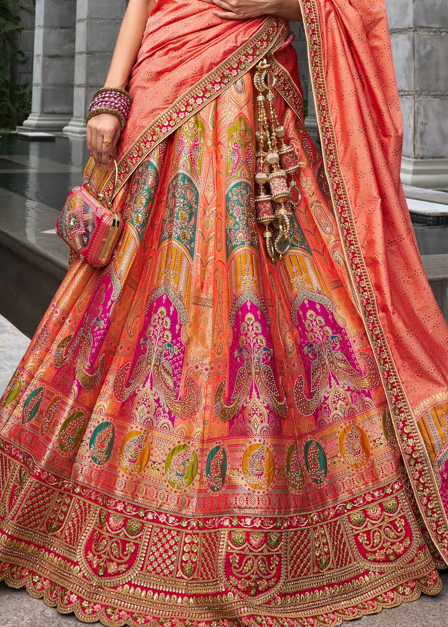 Orange & Pink Banarasi Silk Lehenga with Zarkan Codding work