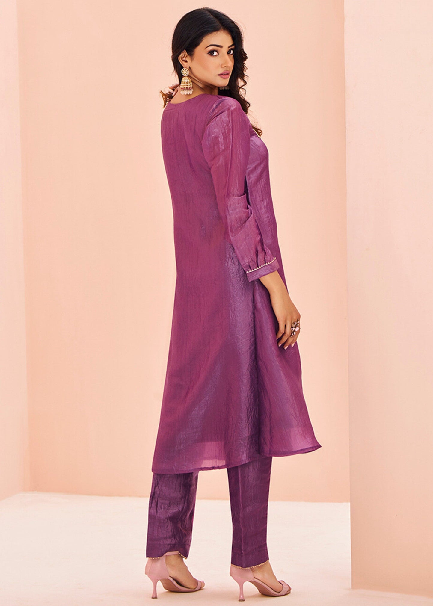 Purple Organza Handwork Kurta with Pant