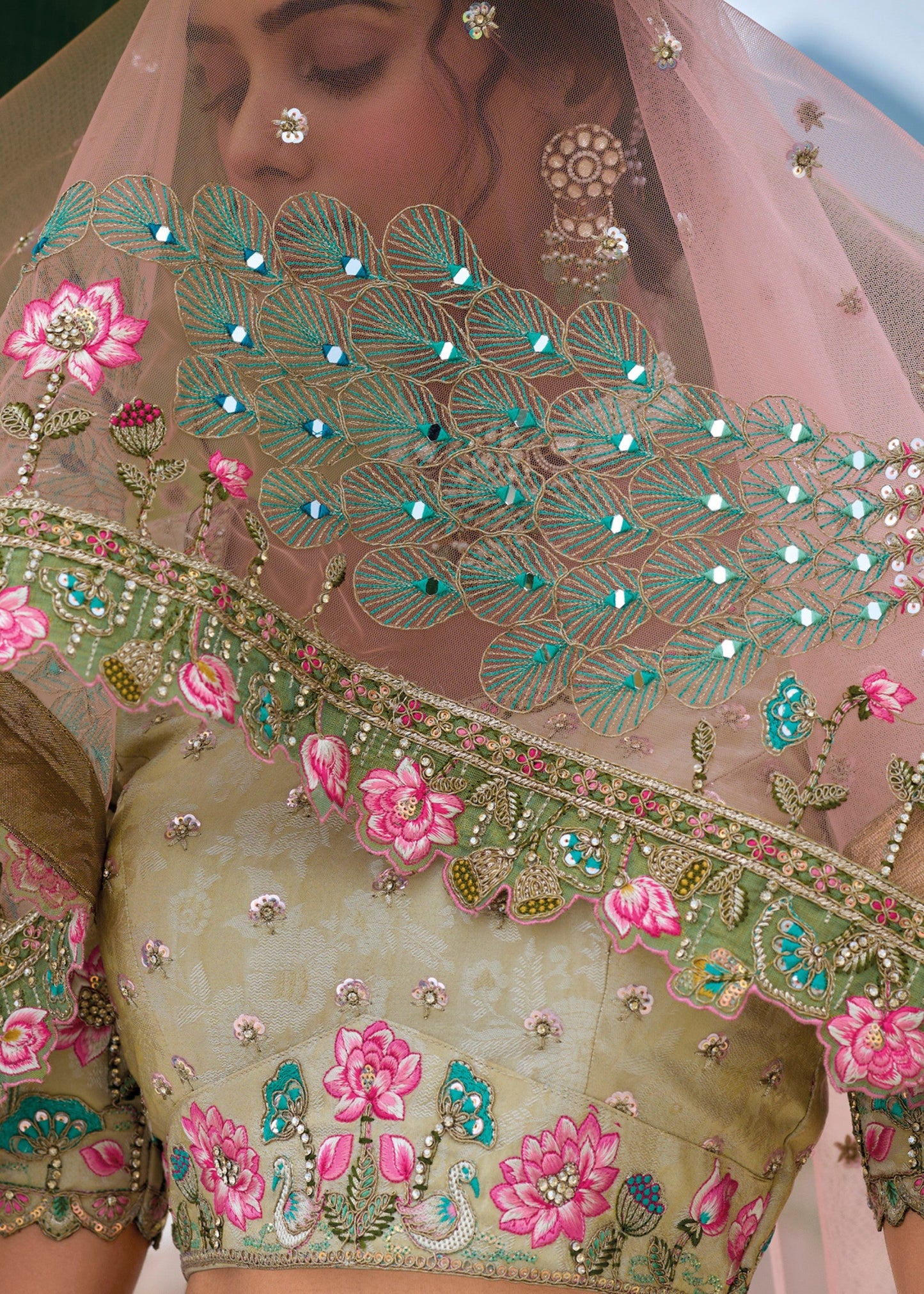 Pista Green and peach Viscose Tissue Lehenga Choli with Embroidery Work