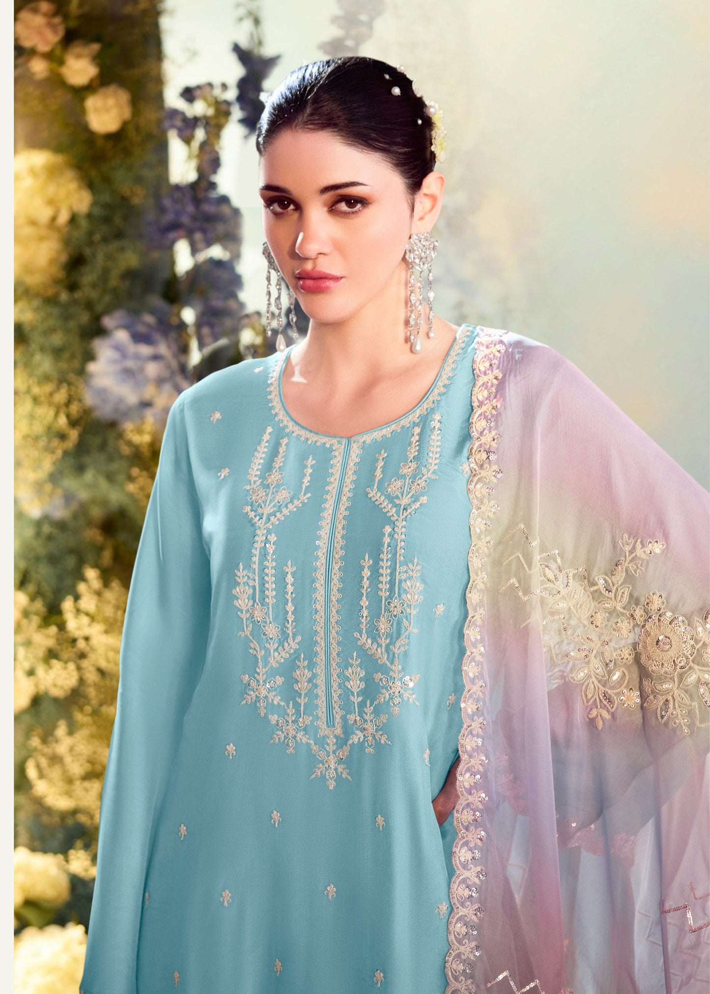 Pastel Blue Modale silk Salwar Suit with Embroidery