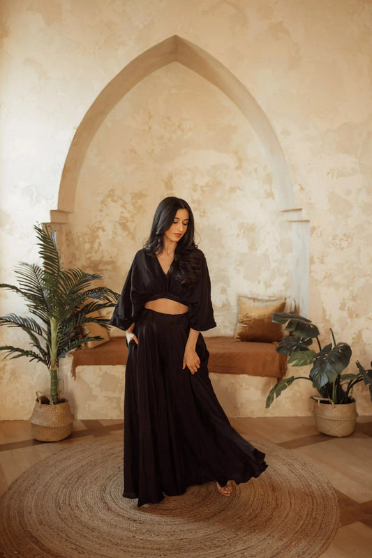 Anja Black Flowy Palazzo Pantsuit Set