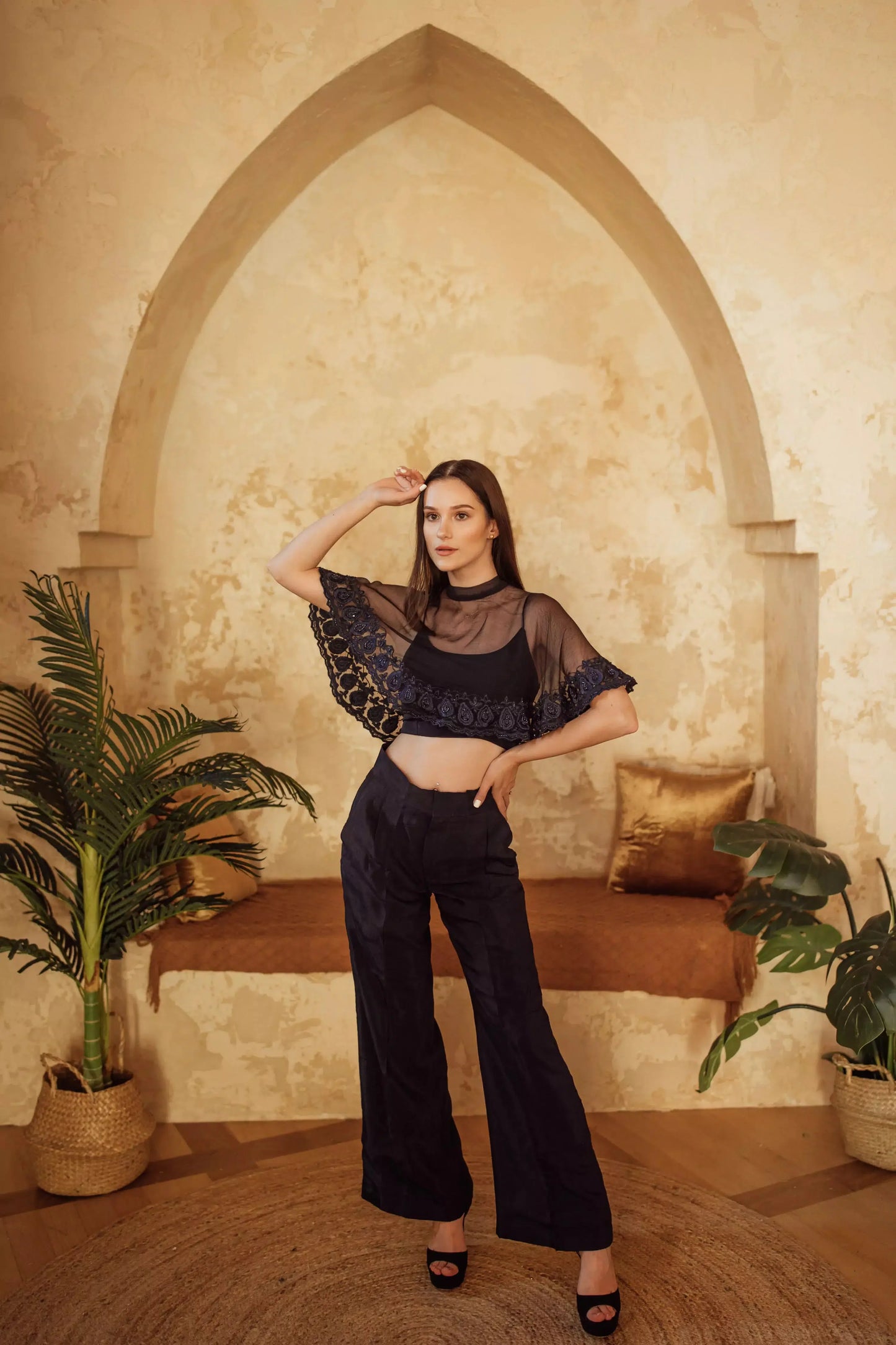 Camilla Navy Pant Set with Cape Dupatta