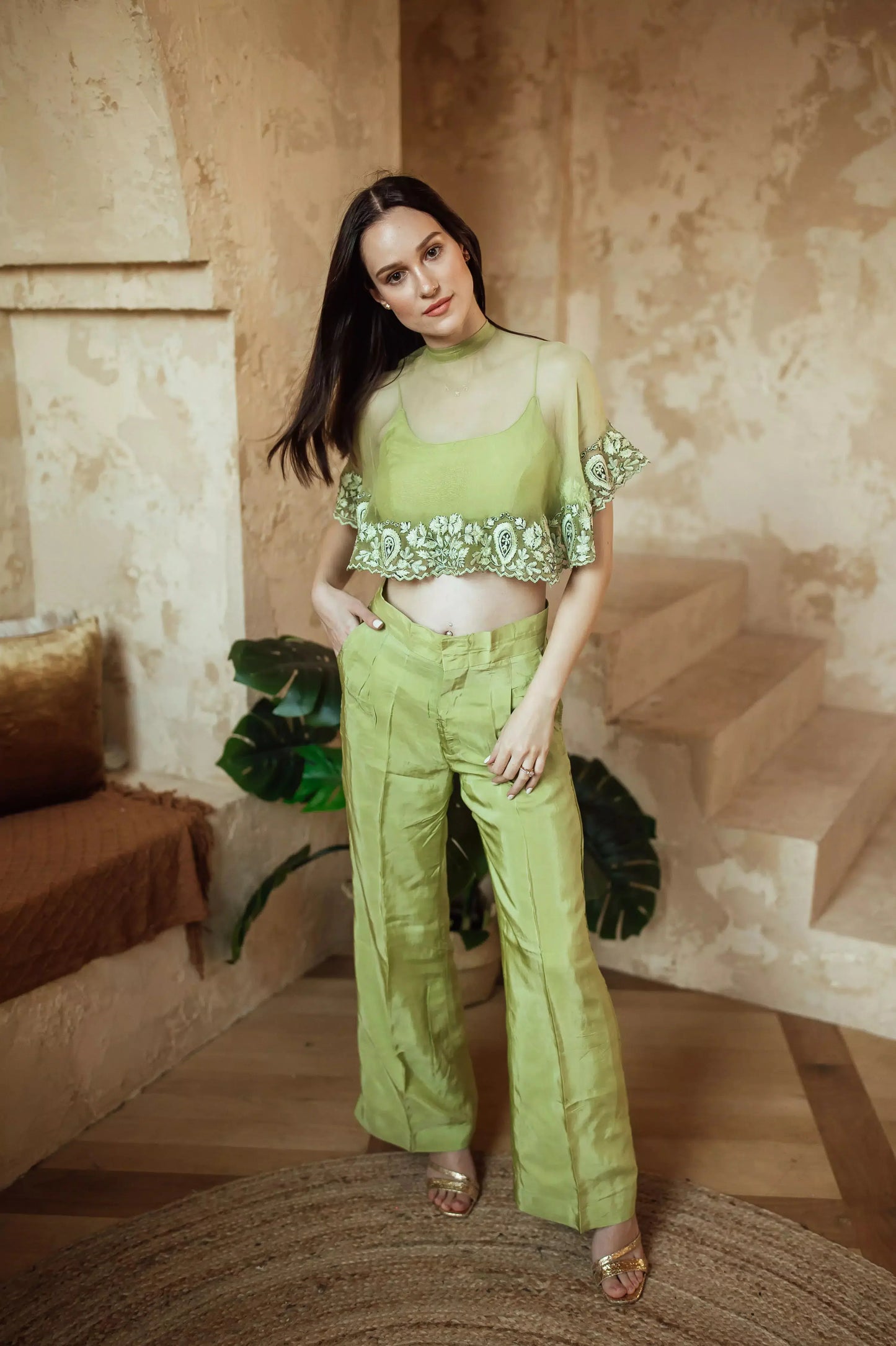 Mable Green Pant Set with Cape Dupatta