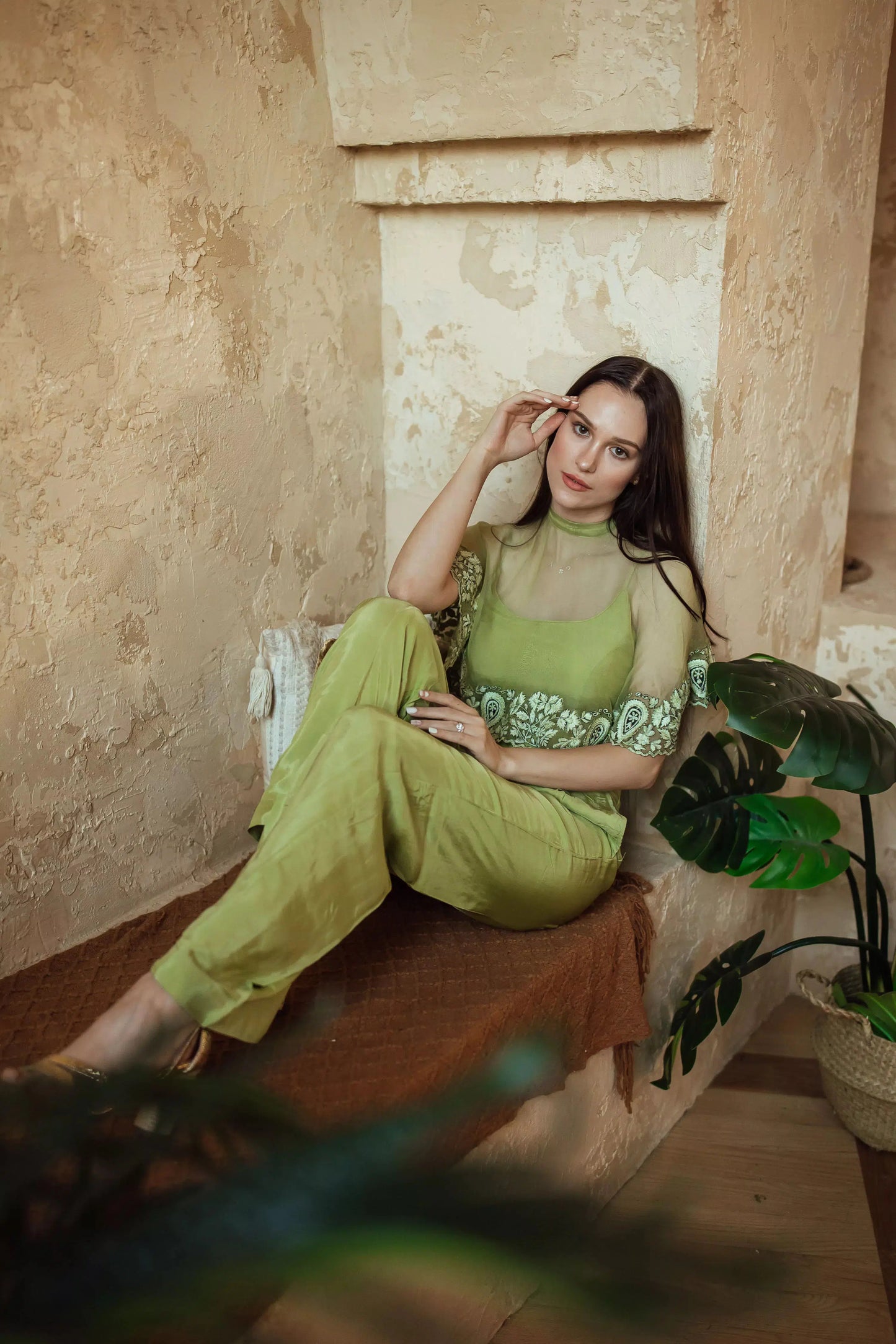 Mable Green Pant Set with Cape Dupatta
