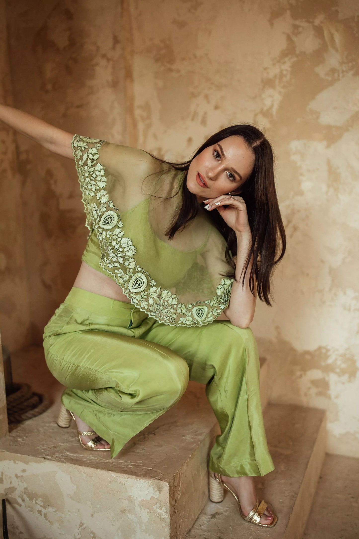 Mable Green Pant Set with Cape Dupatta