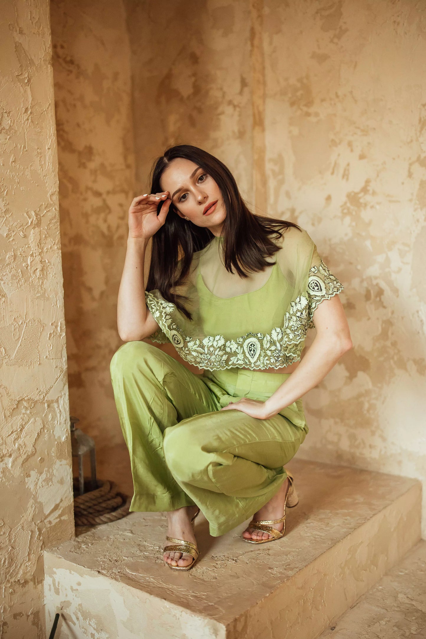 Mable Green Pant Set with Cape Dupatta