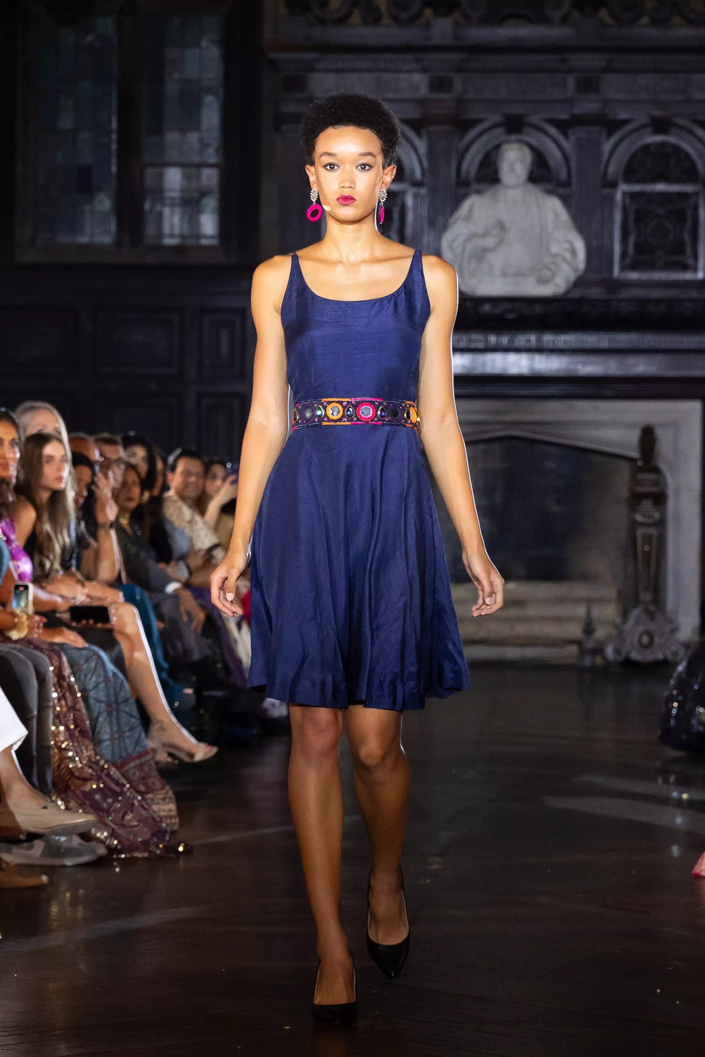 Nina Blue Short Dress with Embroidered Belt
