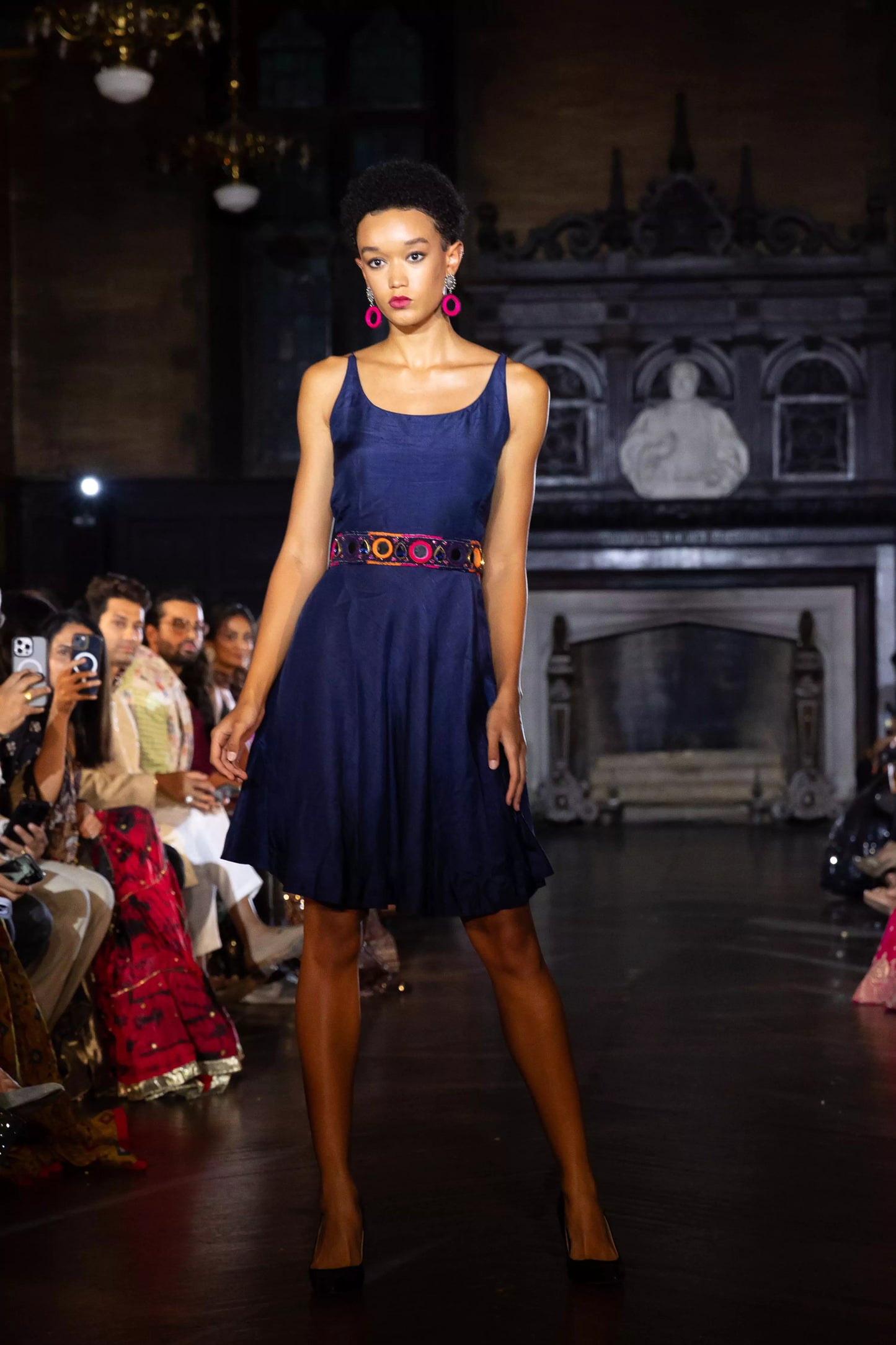 Nina Blue Short Dress with Embroidered Belt