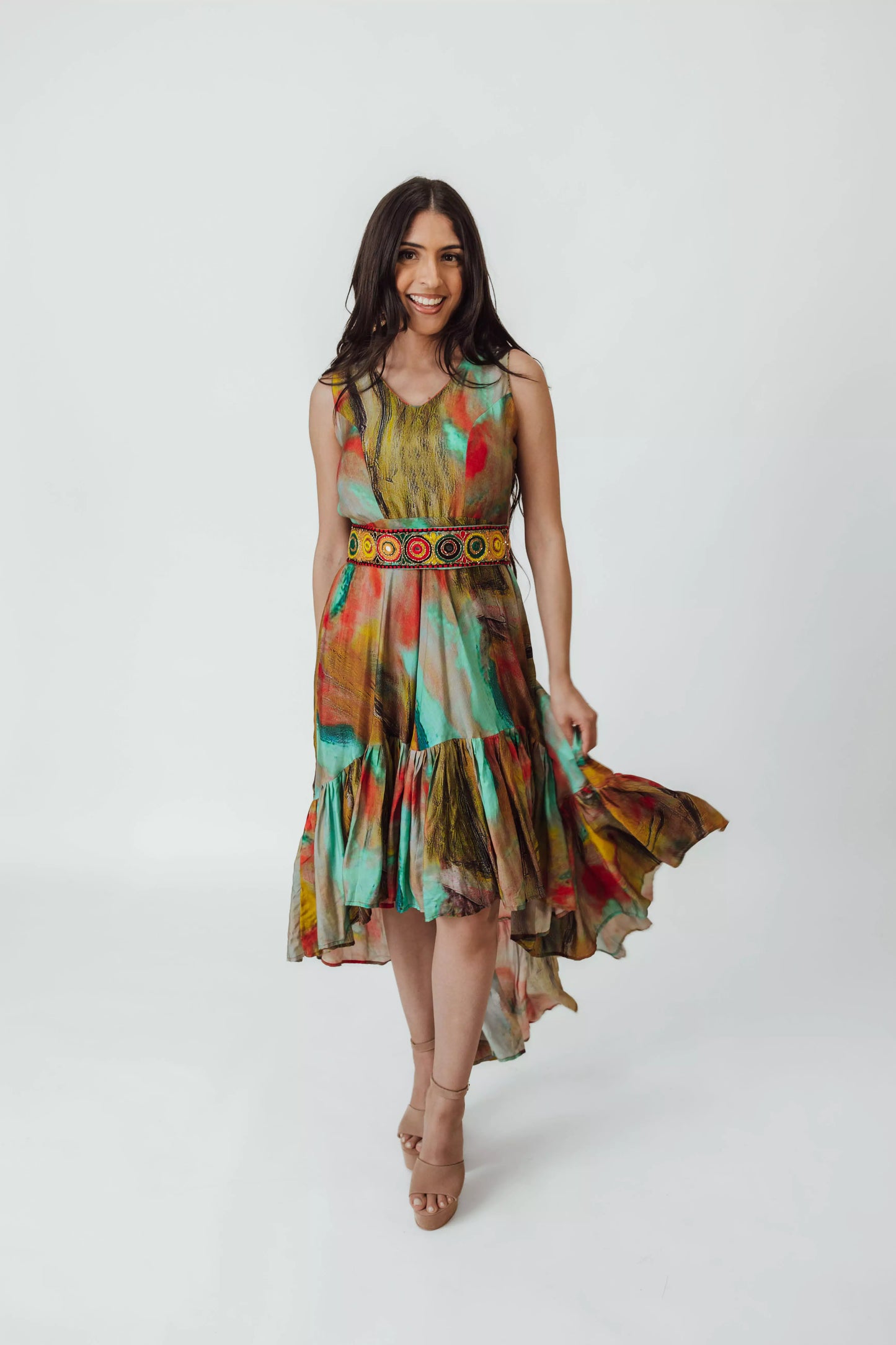 Tezza Multicolor High Low Dress with Belt