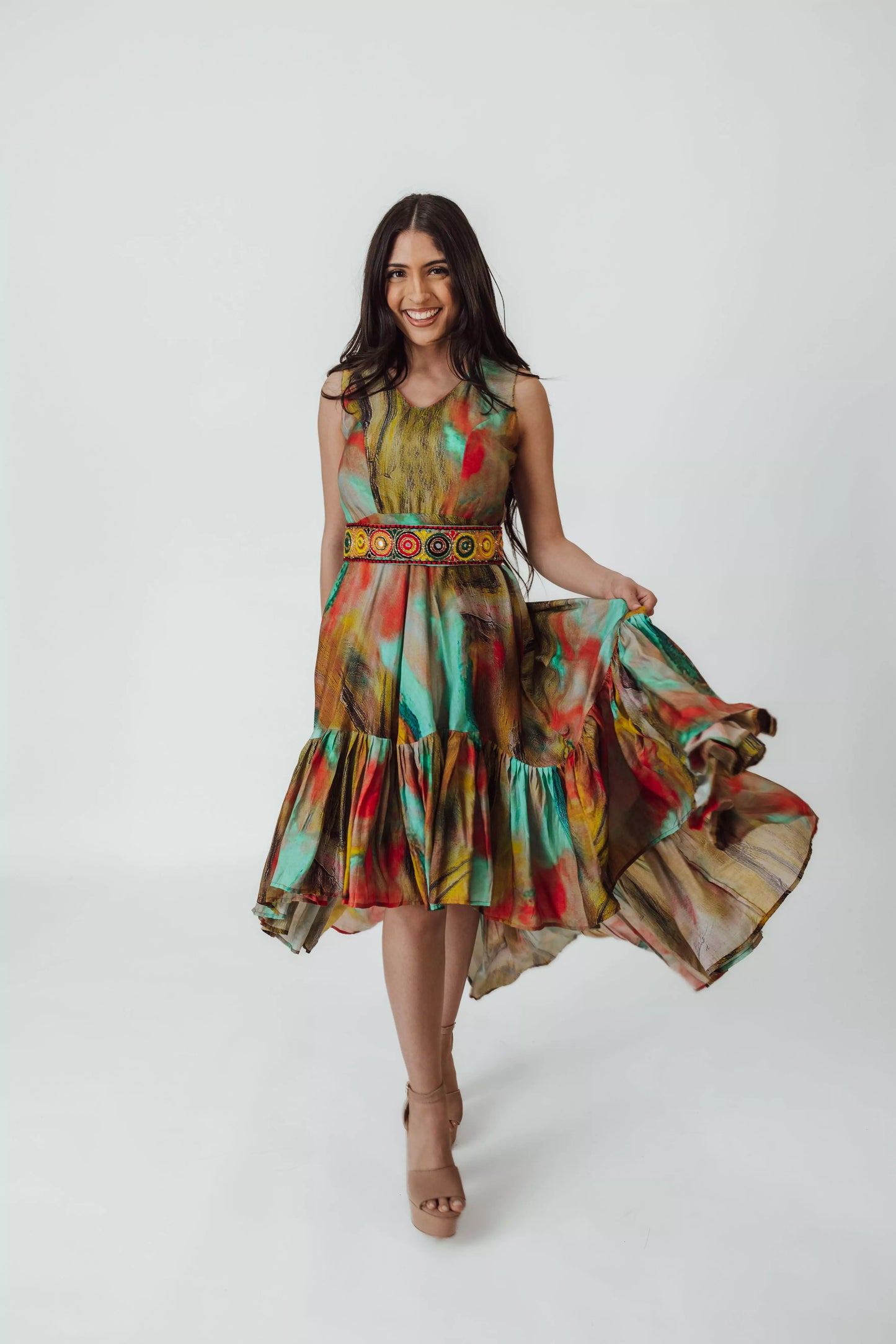 Tezza Multicolor High Low Dress with Belt