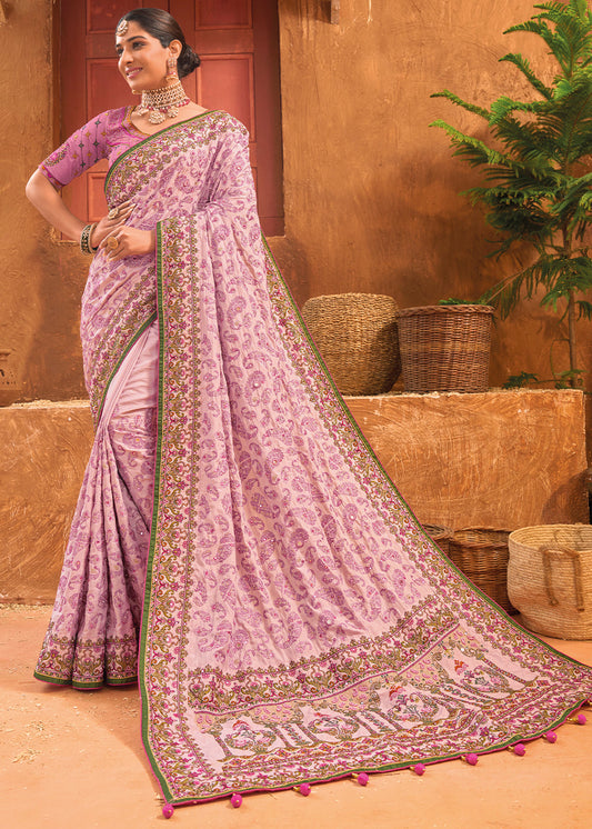 Light Lilac Purple Banarasi Silk Saree with Diamond,Mirror & Kachhi work