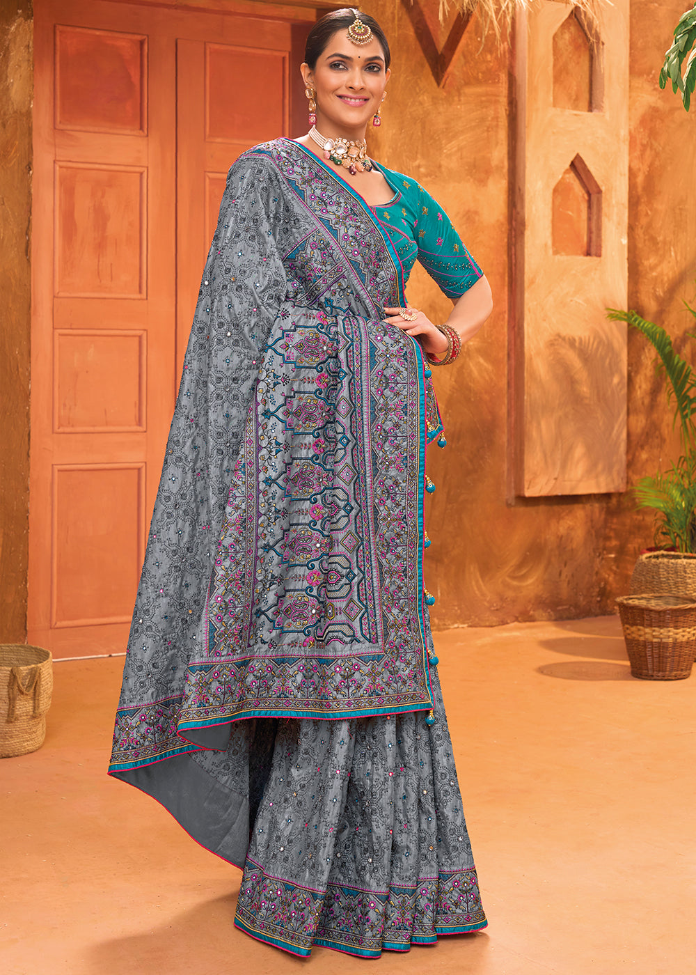 Anchor Grey Banarasi Silk Saree with Diamond,Mirror & Kachhi work