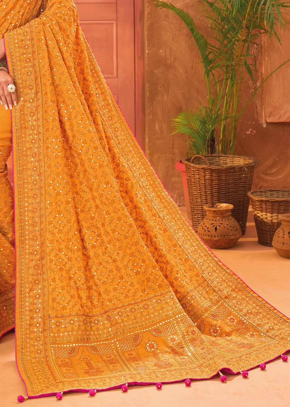 Apricot Orange Banarasi Silk Saree with Diamond,Mirror & Kachhi work